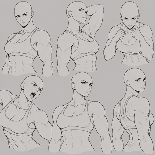 Different face expressions female buff half body drawing base, dynamic, bald, head face, serious
