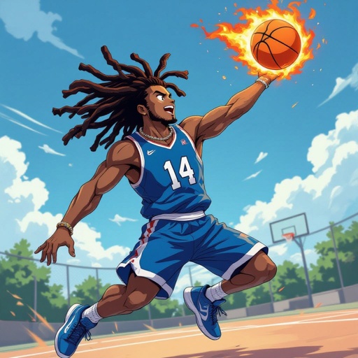 My character is a kind of muscular guy with 12 big Dreadlocks and a blue basketball jersey with the number 14 and a chain on his neck and he is jumping high in the air to dunk the ball that is made of fire 