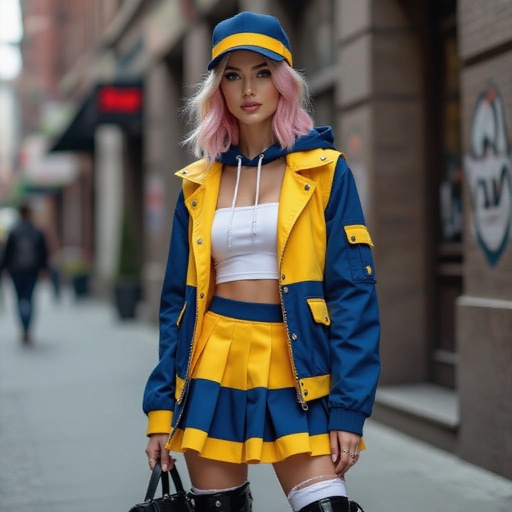 Pretty blonde and pink hair in a Bob Haircut wearing a stylish Indigo cap with Yellow band and  she wears a matching open Indio, Yellow vest with a hood and a low cut white  tube top. A Yellow and Indigo Thigh high skirt  white torn leggings and black high combat heel boots
