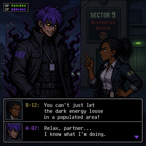 Anime style, Agent Ward a male, made in a secret lab to be best weapon and good at everything, highly skilled, be kept in check,emergency backup case he gets out of control, his hair messy bun color violet, clean shaven, yellow night vision eyes, sharp teeth,dark power energy from experiment,tired, tall, eyes sensitive to light, dangerous,intimidating, laugh like a maniac,cares about partner ruby rose she’s dark skin serious plays by rules firm,them standing together ruby arguing to wards "stop being intimidating you're going to our suspect a hart attack!" Ward says "job goes faster" starts giggling,ruby warn ward “ if you can’t take this seriously I’ll have to have you go in your room” ward sad expression says“i don’t want that” ruby “ok let’s do this I have somewhere to be ”
