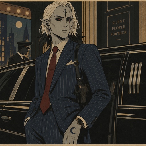 Male, grey skin, cheekbones, pointy ears, completely black eyeballs, red iris, scar across one eye, white shoulder length hair black tips, black symbol on forehead, half blue moon on back of hand, earpiece, gun holster on leg, wristwatch, pinstripe blue suit, red tie, serious, standing in front of limousine, thin