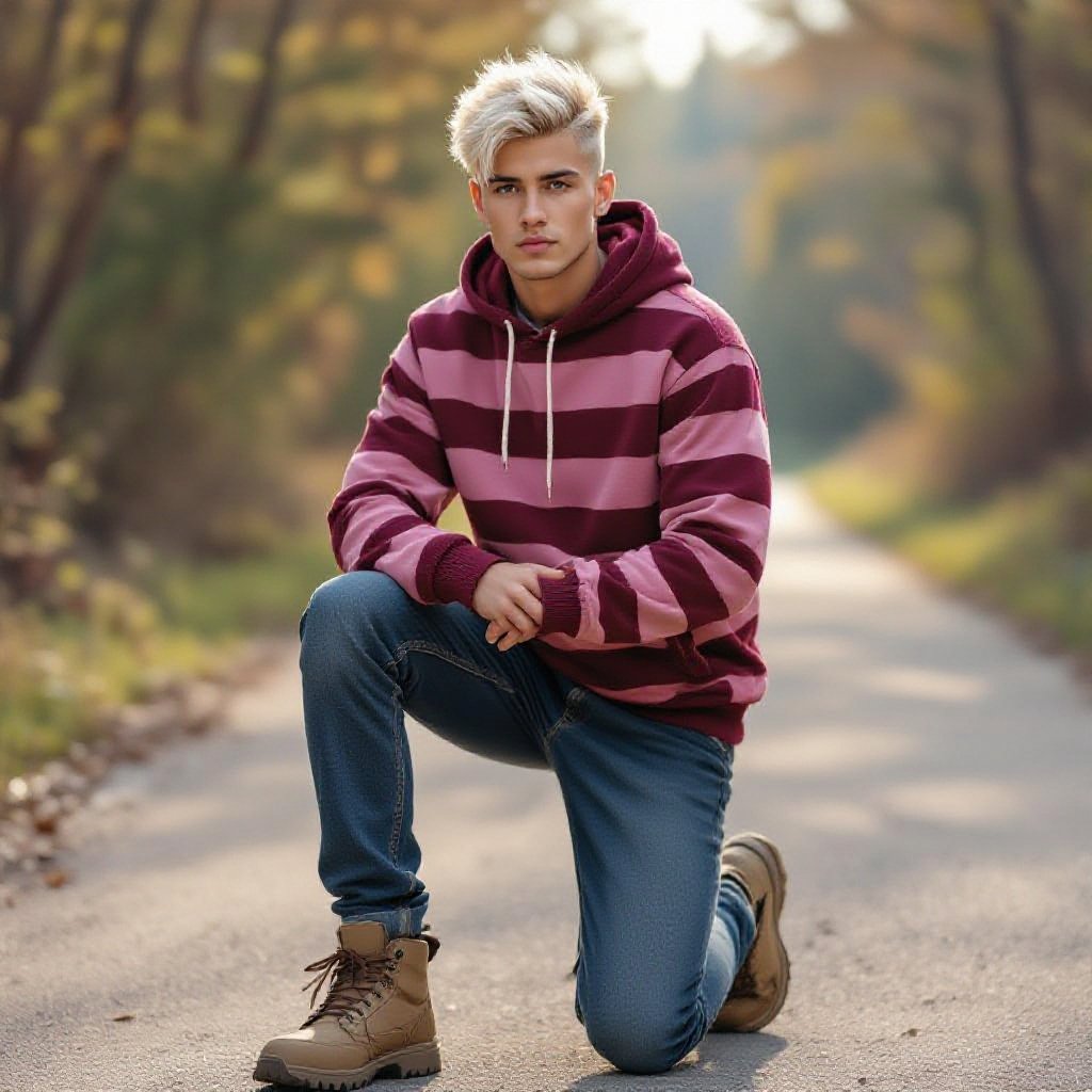 A 19 Year Old Man in Skinny corduroy. Pink and Maroon Striped Tactical Hoodie with Platinum Blonde Hair and an Undercut. Tan Hiking Shoes. In an Outdoor Walking Path. 
