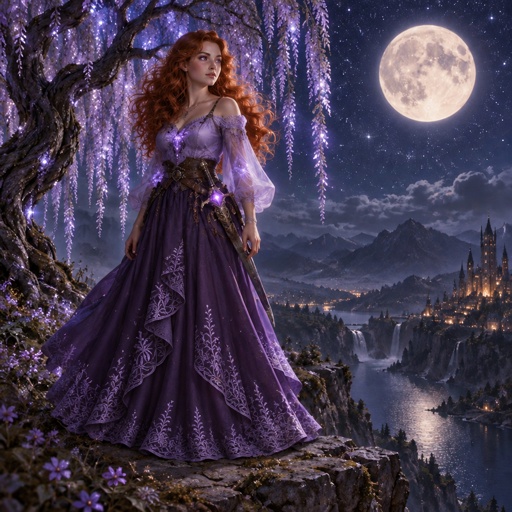 a woman in a purple dress standing on a cliff