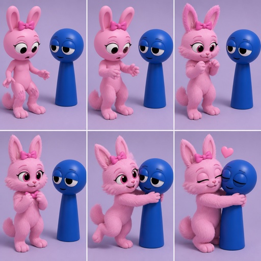 Pinki from Sprunki turning into her kind WereRabbit self in front of Jevin from Sprunki with her legs and tail transforming first and then her arms and then her ears and her neck starts to fluff up and then her face and the fur on her cheeks pokes out with fur appearing on her chest with fur holding her pink bow flush against her head as her eyes go from white and black to black and pink and she hugs Jevin because she loves him 