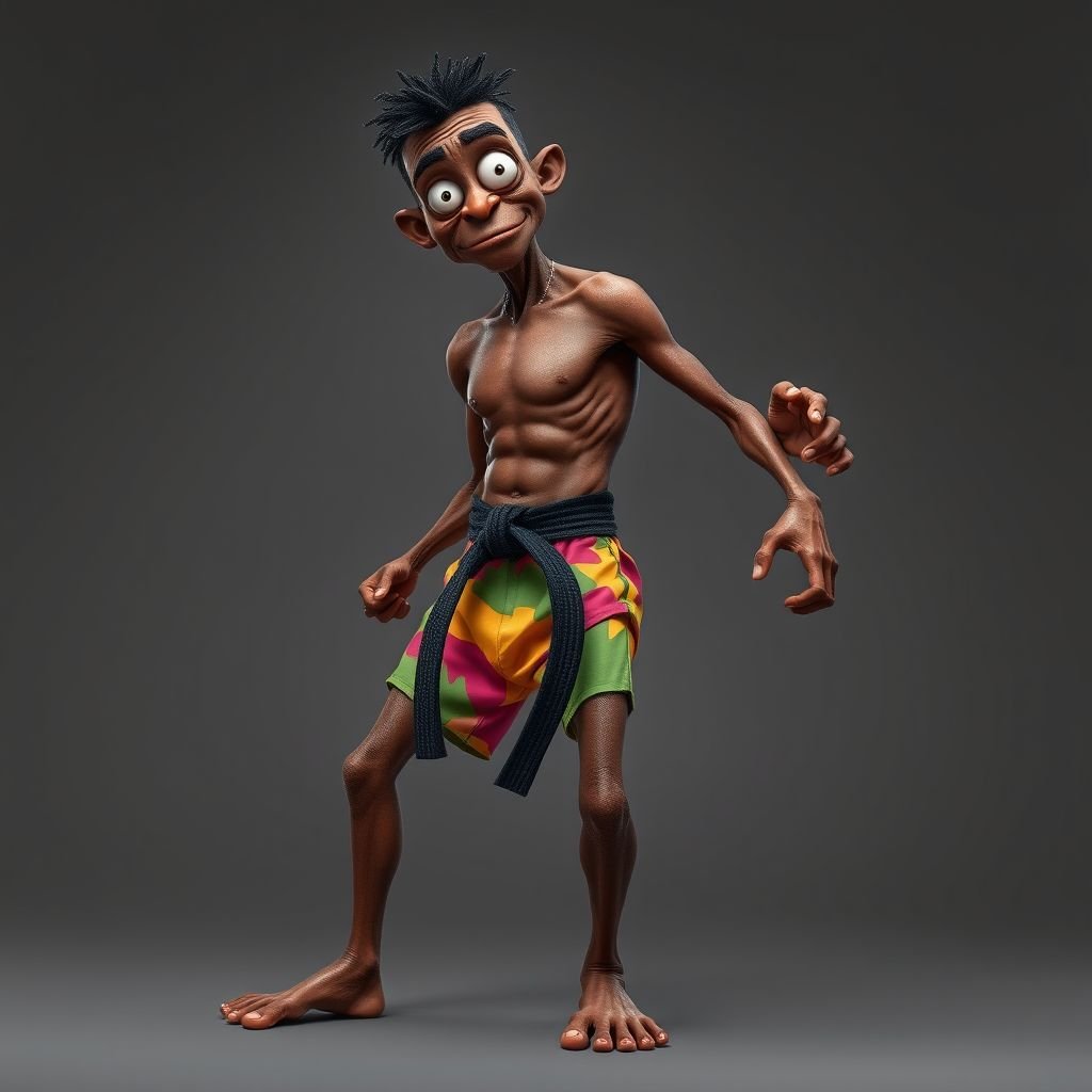 Create a character who looks like a funny African karate guy who doesn’t have a clue what he is doing. Make him have weird toes, only speedos on and a black karate belt. Make him tal skinny and slinky.