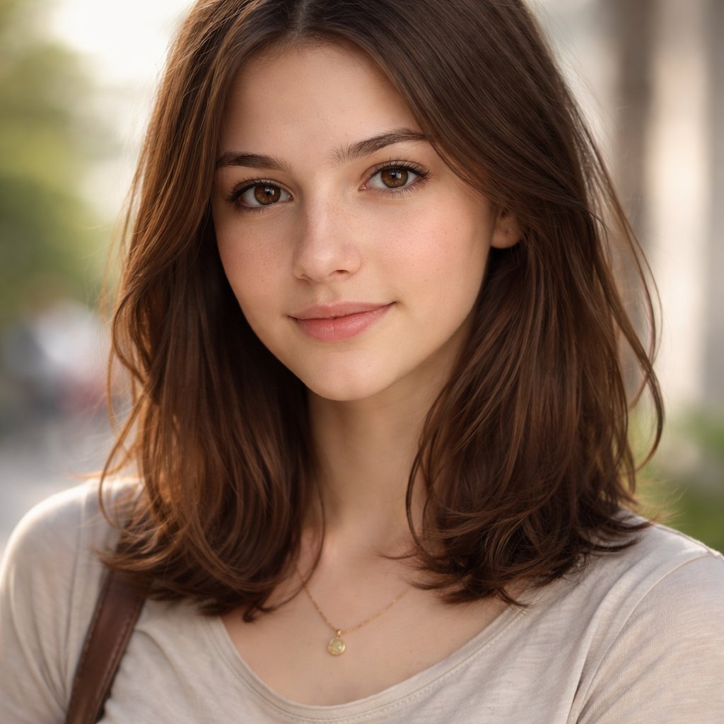 An 18 year old girl who has brown hair that goes down to her shoulders and has light brown eyes. He has a small smile.