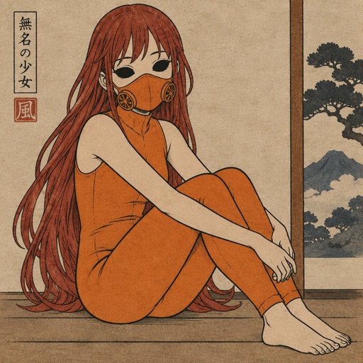 Female wearing an orange one piece legs covered sleeveless feet showing, red long hair, completely black eyes, orange breathing mask, 15 years old 