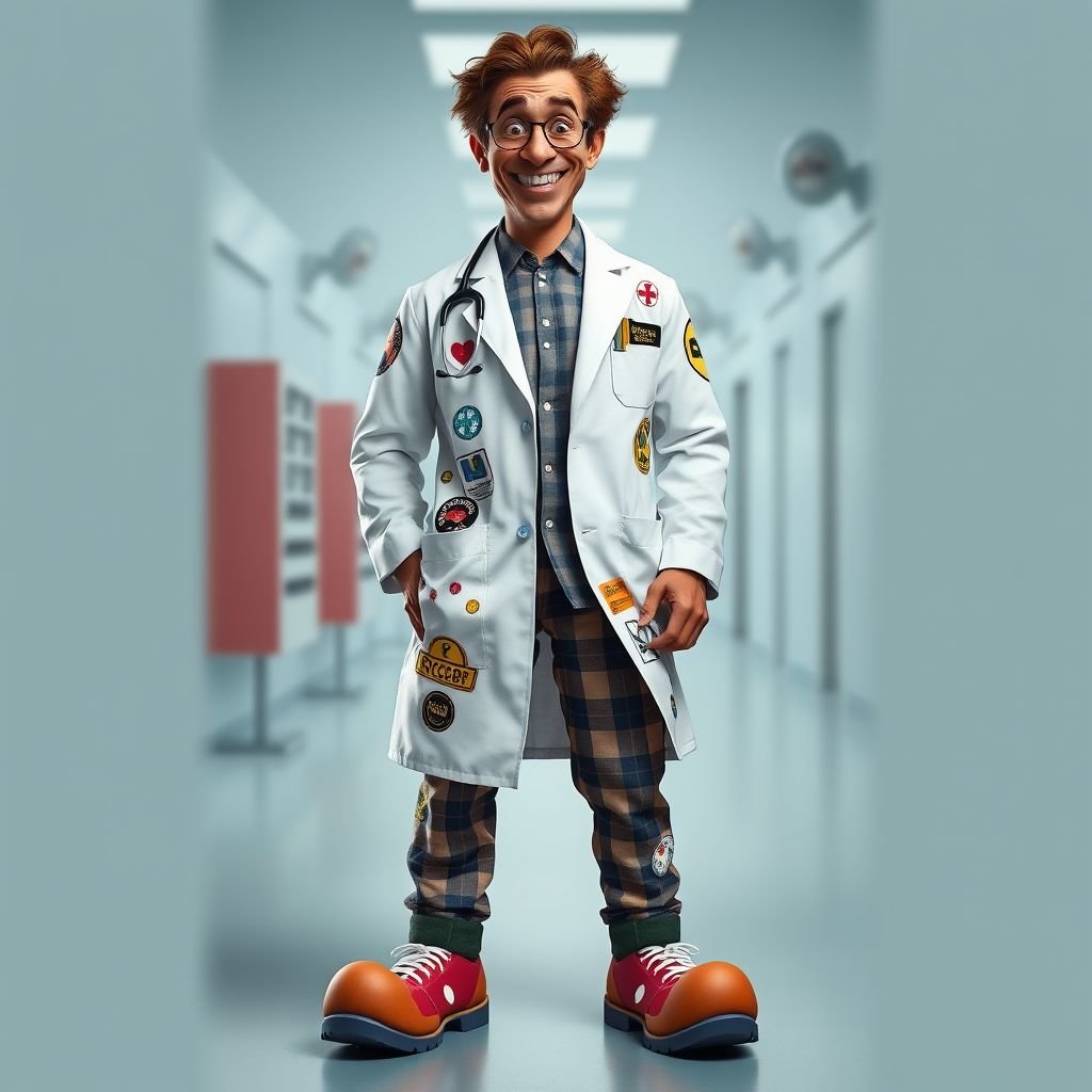 create a doctor. Who is funny human looking from head to toe. And he always immediately results to surgery for anything even small things. So please be sure to show his whole outfit head to toe. Make him have only 1 tooth