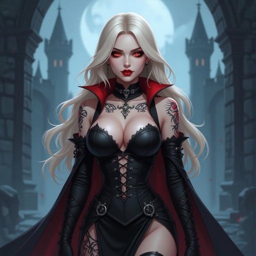 A blonde female vampire with big boobs and runic tattoos 