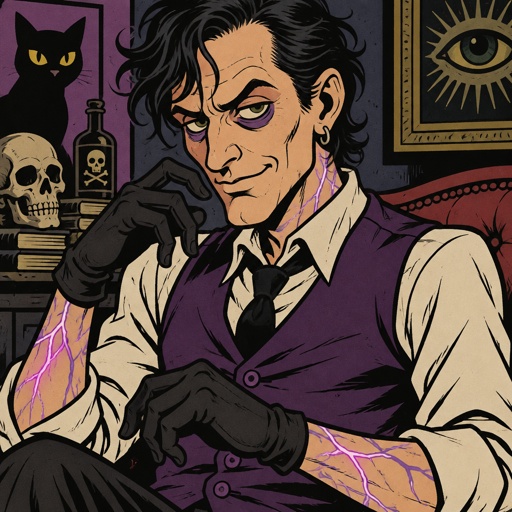 Male, slim, slight eye bags, black messy wavy hair, back hair, brushed side hair, strands of hair in the middle of forehead, ear piercing ring, gloves, purple glowing veins, purple vest, white shirt, no facial hair, bad guy, mid 40s