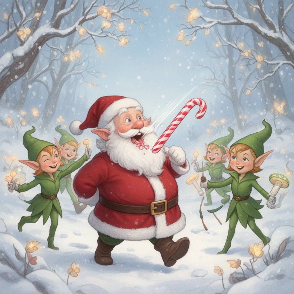 Elves with candy cane being thrown at Santa and one landed in his mouth