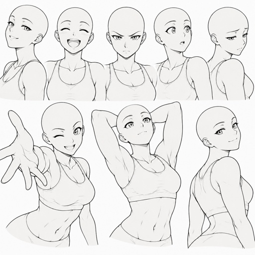 Different face expressions female slightly buff half body drawing base, dynamic, bald, head face expressions different directions