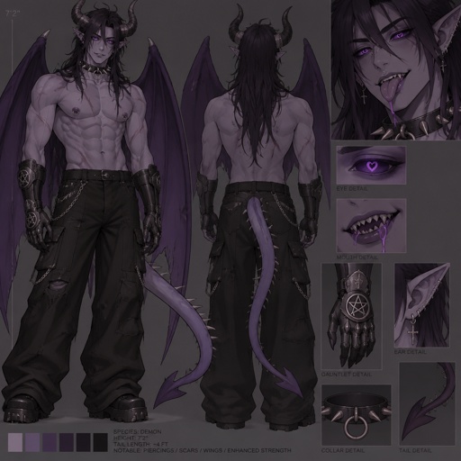 son of Asmodeus handsome and seductive. has a six pack is 8 feet tall eyes are purple and pupils are heart shaped His nipples are pierced Ears pierced and slightly pointed has clause They are purple is wearing baggy, black jeans, has scars all over his body is wearing iron gauntlets with pentagrams on them has purple saliva dripping from his mouth has sharp teeth has extremely dark purple demon, wings, demon horns and demon tail. His demon tail is 4 feet long. His demon horns are 8 inches long and his demon wings are 10 feet wide. He looks extremely slim and has a very pale purple color to his skin is wearing no shirt and has a spiky collar made out of titanium around his neck. he has long hair.