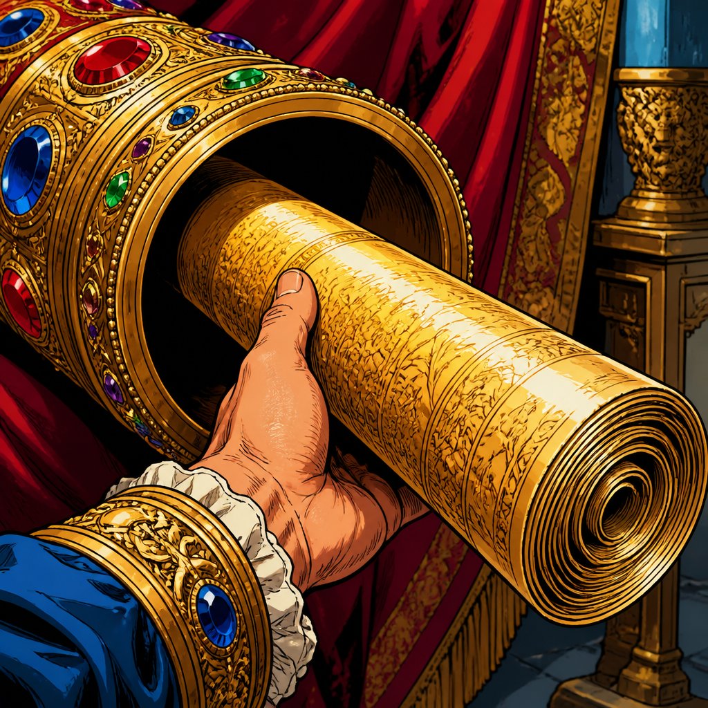 A hand is taking out a large rolled gilded parchment from an huge ornate jewelled gold cylinder and renaissance style vivid colours no speech bubbles no print dots