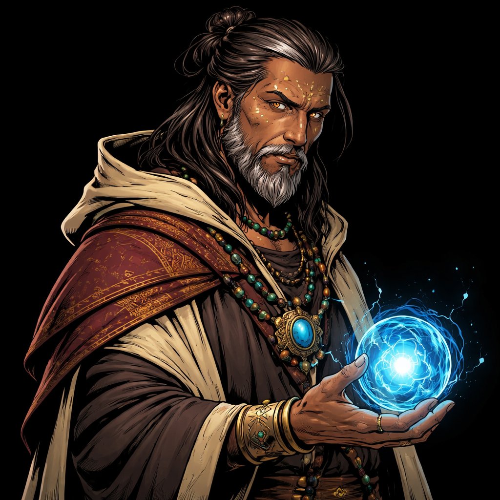 Realistic, refined not exaggerated, not cartoon like. A mystic seen in three-quarter view from the left. The background is black. There are no speech bubbles.