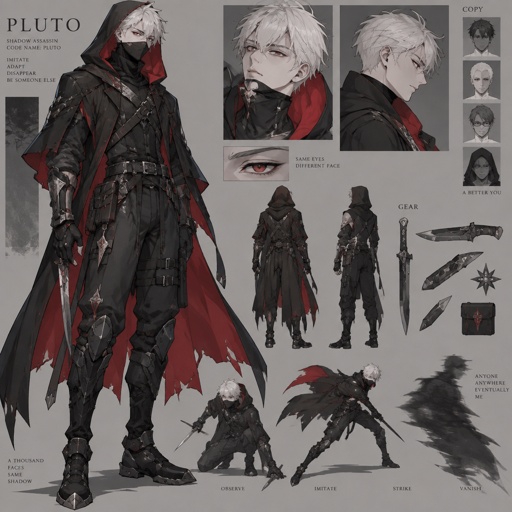 shadow assassin name code pluto, copy cat, copy and paste ability, white hair red on the inside, male