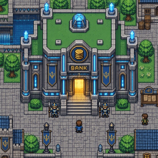 Bank full building for a futuristic fantasy city game, exterior, top down style