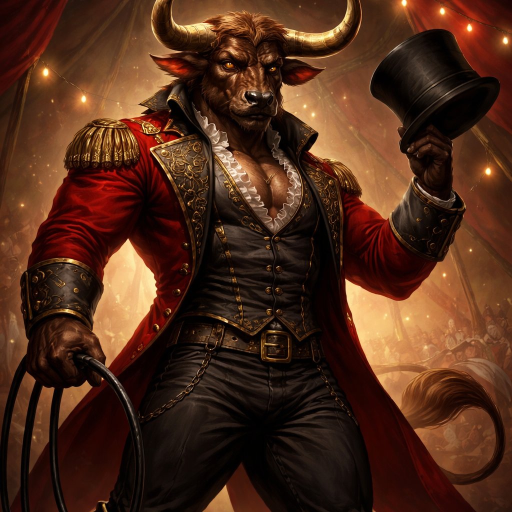 A male chestnut brown Minotaur with deep set cattle like brown eyes, large powerful gleaming horns like his fathers, a well~proportioned figure/body at lest 6 foot tall, long tail. He works at freak show as the ringmaster.