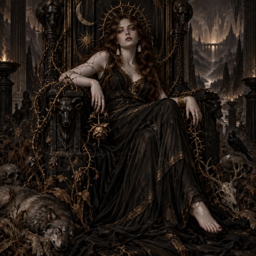 Female, 5’6, brown hair, mid back length hair, Irish curly hair, greenish blue eyes, drop down ghost earrings, porcelain skin, cracks running down her body, a withered flower in her hair, long flowy black dress with gold accents, a simple gold bracelet, black medium almond nails, barefoot, vines wrapping around her body like chains, withered plants and dead animals lay at her feet, sitting in a big black throne, a Greek style throne, a crown made of thorns and vines sits crooked on her head, her eyes are lifeless, 