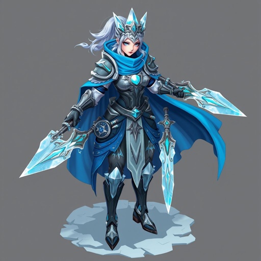 Create a battle woman hero called Alvara the Frostheart. Show full body head to toe including shoes