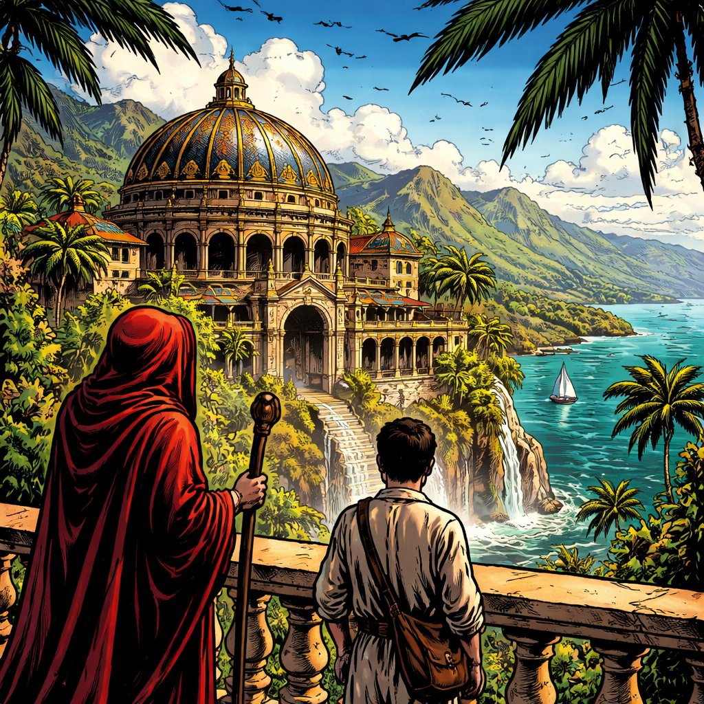 South American setting palm trees, huge villa in background mountains ocean we’re standing beside an ornate magnificent domed building. There is a old person in a red robe completely covered. We don’t see his face and young man in a more peasant robe standing looking at the dome.