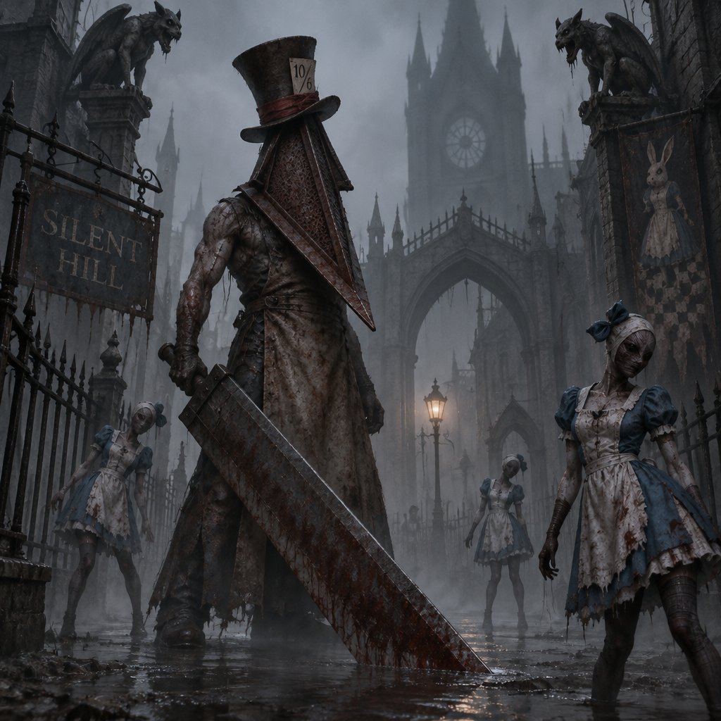 Silent Hill with pyramid head and the nurses with an Alice and wonderland spin with mad hatter as pyramid head