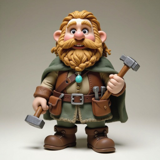 Create a stocky dwarf with a weathered face, braided beard tucked into his belt, and straw-tousled hair. Wears a soot-stained cloak over a leather smith’s vest, tool belt with hammer and chisels, heavy boots. Subtle turquoise rune glow from a pebble at his neck,