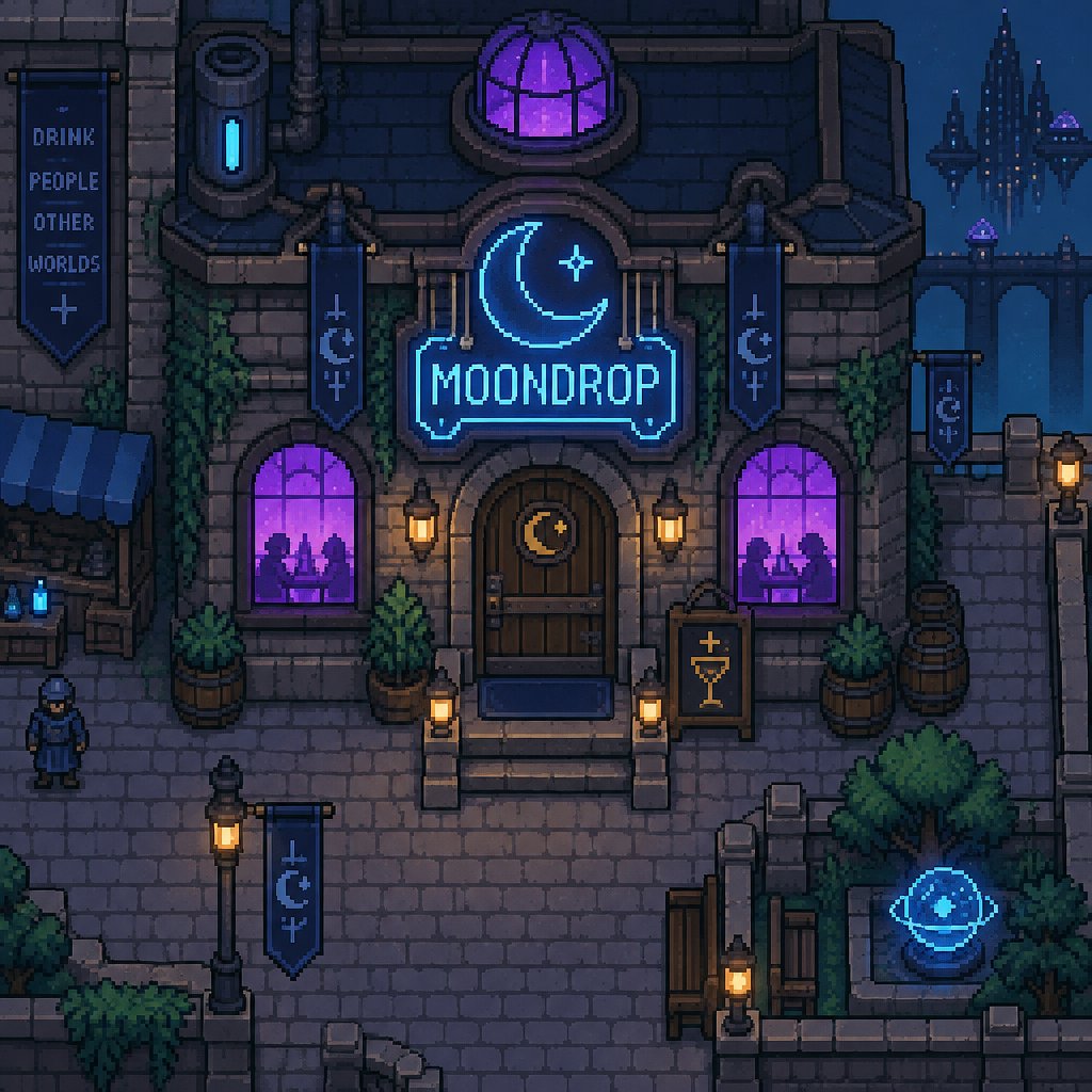 Bar called moondrop for a futuristic fantasy city game, exterior, top down style