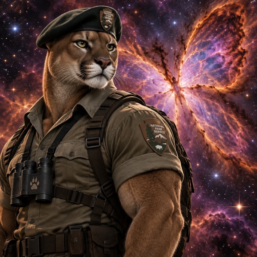 A Florida Panther turned into a warrior by Mother Nature, Queen butterfly Nebula. He is muscular and wearing a park ranger outfit with a beret on his head.