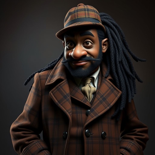 Create a funny fat character similar to Sherlock Holmes, but make him of black decent and with dread locks. Show his whole outfit including his shoes.