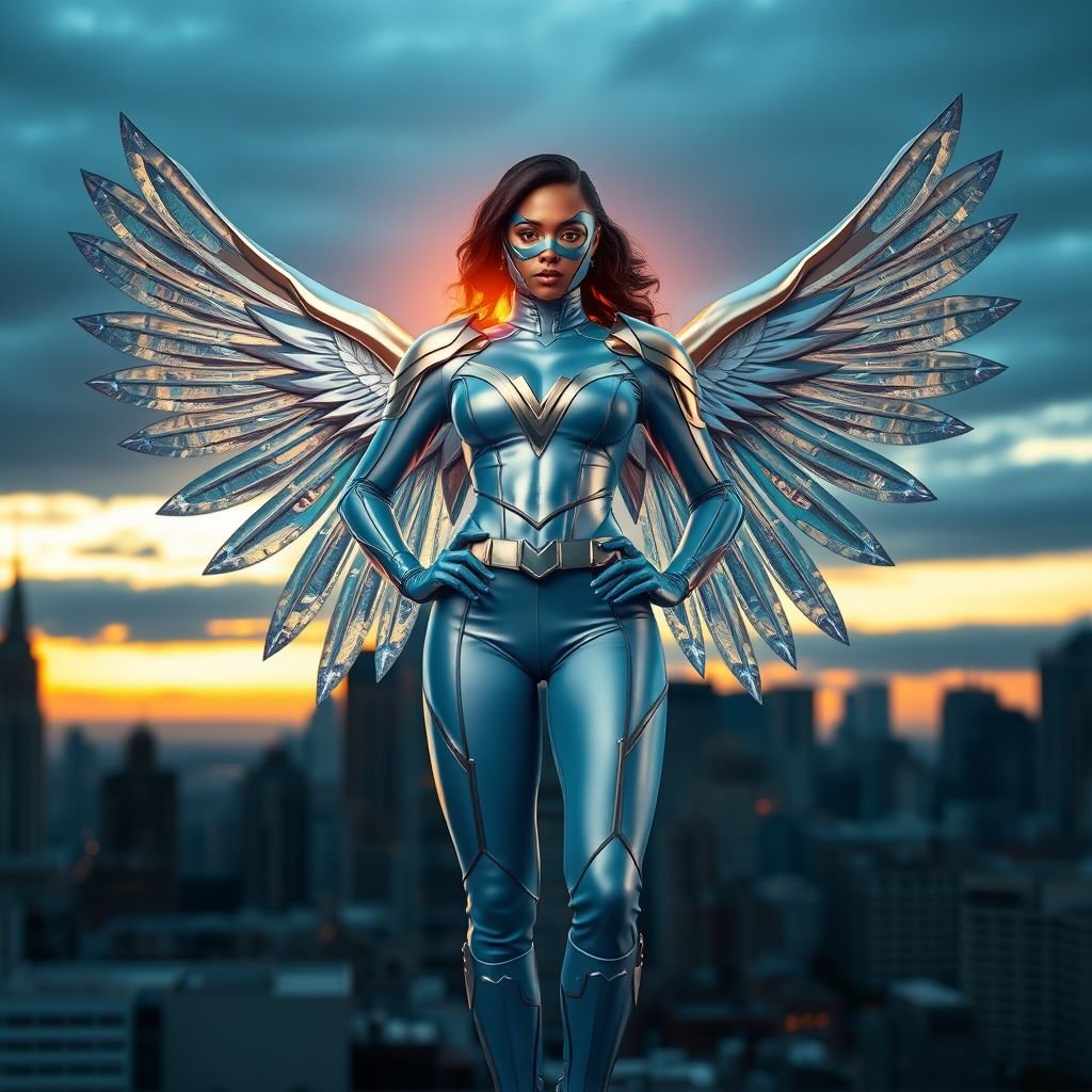 African American female superhero wearing a domino mask and a leather slightly armored light blue and silver suit with light blue pants and silver boots and a V as her chest emblem with crystal wings standing in Philadelphia at dusk
