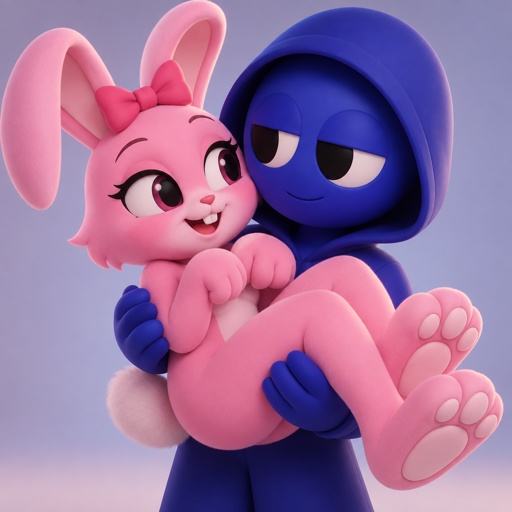 Pinki from Sprunki as her wererabbit self in Jevin from Sprunkis arms with her hands and feet being the stronger paws of her Wererabbit form