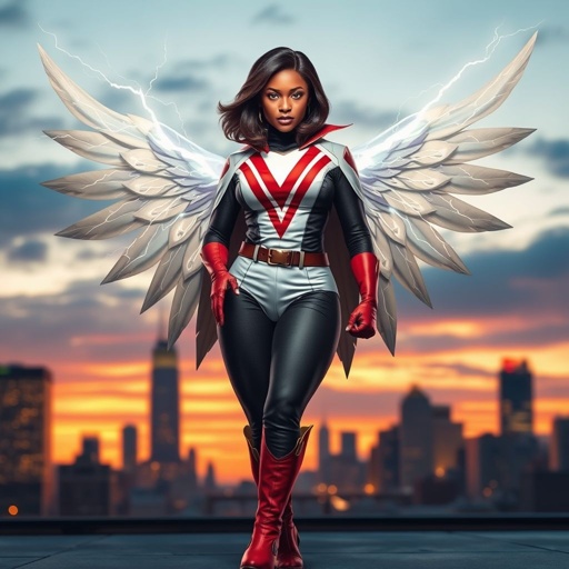 African American female superhero with shoulder length hair in a side part style and wings made of white lightning wearing a slightly homemade  white red and black suit with black pants with a stylized V as her chest emblem wearing red flat boots made of gold standing in Philadelphia at dusk