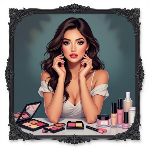Create a character showing there whole body head to toe, a lady who loves beauty products  