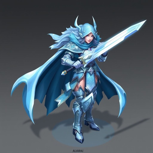 Create a battle woman hero called Alvara the Frostheart. Show full body head to toe including shoes 