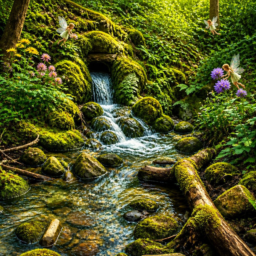 a stream running through a lush green forest