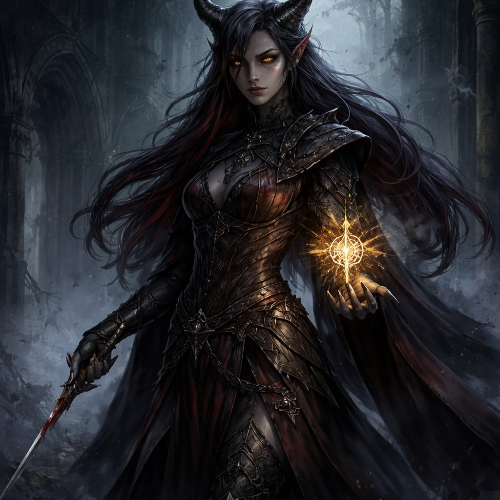 Tiefling female sorcerer, slender build, elegant and dangerous presence. Deep red to ash-gray skin, subtle infernal traits, long black horns swept back. Sharp amber eyes, calm and calculating expression. Long black or dark crimson hair, slightly unkempt. Wearing dark layered robes with light armor elements, no noble symbols, muted colors. One finger wears a metal stiletto nail blade, thin and elegant, used as a concealed weapon. Arcane focus with an unknown divine symbol, faintly glowing. Subtle divine magic aura mixed with shadow, quiet and unsettling. Dark fantasy style, cinematic lighting, high detail, realistic proportions.