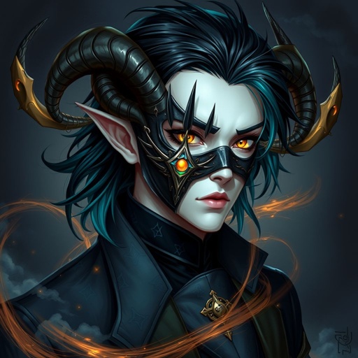 A pale young man with black hair and teal-coloured highlights with golden eyes. Wears a dark, close-fitting outfit adorned with cloud patterns, and a mask inspired by exorcism rituals, featuring horns and a centre eye. His design incorporates elements of antiquity and ethereality, balancing practicality with a sense of otherworldliness.