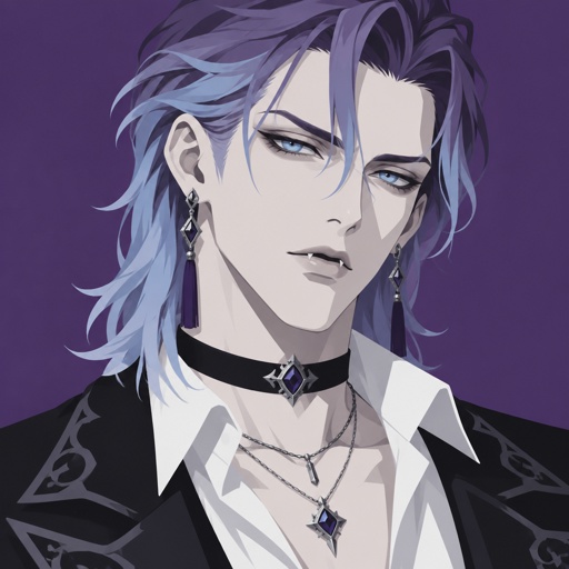 Male, pale, vampire, light blue eyes, cheekbones, shoulder length brushed back hair, hair in the middle of forehead, purple and light blue hair gradient, tassel earrings, jewelry, dress shirt, choker