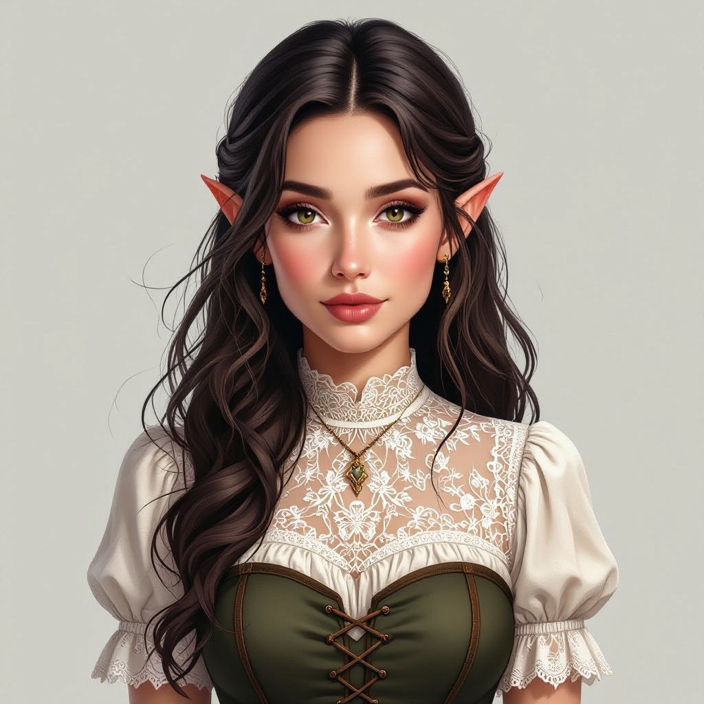 Dark Brown Hair Elf Witch Librarian in Lace Tube Top and Pencil Skirt