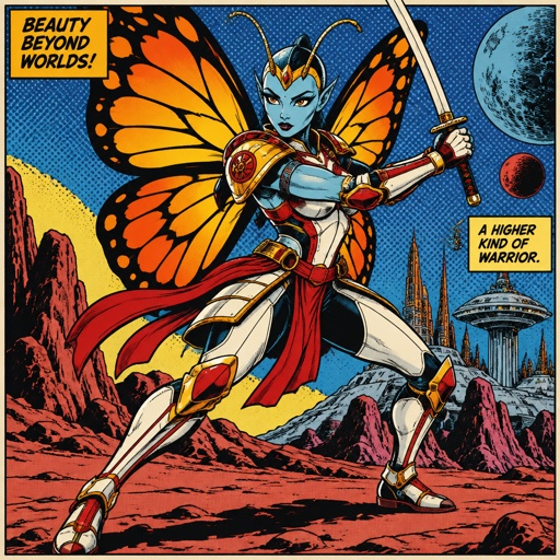 A gorgeous alien butterfly woman in a futuristic space samurai armor. Show whole body. 