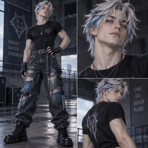 Name: Adrian Frost  Gender: Male Age: 17 Eyes: Vibrant baby blue Quirk: Water control, including temperature Hair: Tousled, layered silver-white hair with icy blue streaks. Skin: Fair, porcelain complexion. Body Type: Lean and athletic with defined muscles, broad shoulders, and a strong, agile build. Pose: Standing confidently with one hand resting on his hip and the other loosely at his side, his shoulders relaxed and his chin slightly raised in a cocky stance. Clothing: Black fitted shirt, ripped baggy jeans with blue patches, studded belts, fingerless gloves, and chunky combat boots. Species: Human Backstory: Filthy rich heir to a powerful family. Personality: Cocky, slightly arrogant, fiercely loyal, and protective. Likes: Luxury, fighting, teasing, swimming, and loyalty. Dislikes: Betrayal, disrespect, losing, and being controlled.