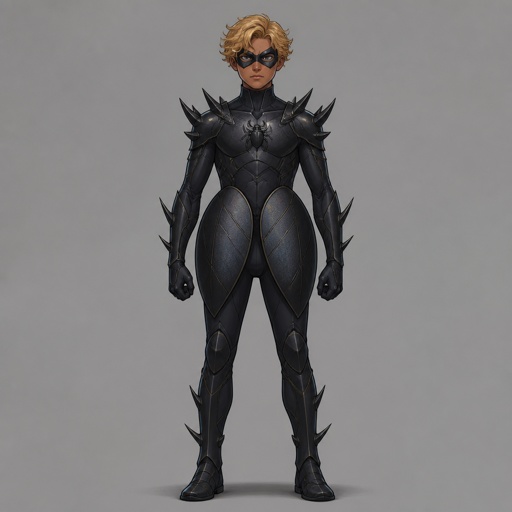 Male superhero, fourteen, beetle powers, cool suit, black color pallet, blonde wavy hair, mask, freckles, tan, spikes, beetle wings closed
