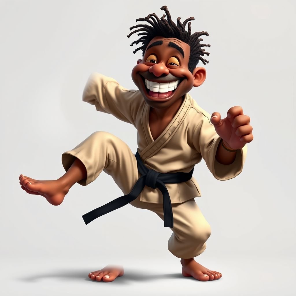 Create a character who looks like a funny African karate guy who doesn’t have a clue what he is doing. Make him have weird toes, only speedos on and a black karate belt.