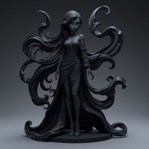Create character hero Veyra of Shadows – A lithe, mysterious black woman draped in layered black silks that move like smoke around her. With jet-black hair. Show her whole body head to toe including her shoes.