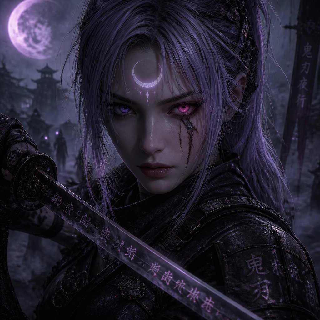 female assassin with light purple haired moon mark katana one purple moon eye scar one pink