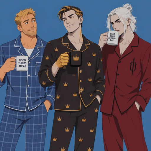 Jones from Fortnite stubble , Midas from Fortnite, Kado Thorne from Fortnite pale skin white hair shoulder length back hair bun, drinking coffee in the morning, all wearing pajamas 