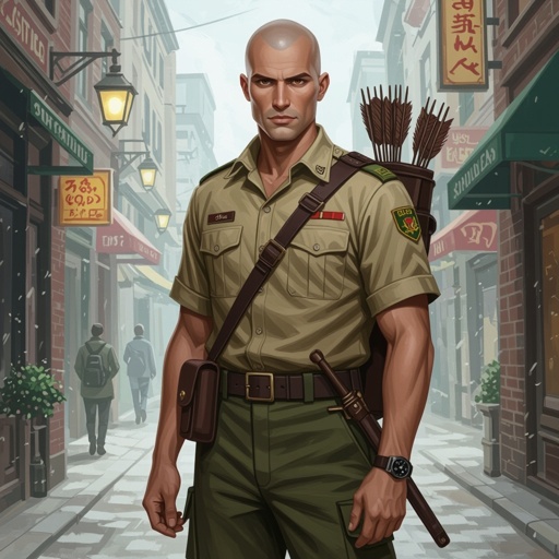 Męzczyzna przeciętny pod każdym względem. Ciemne oczy. Łysy. 
Ubrany w mundur harcerski
