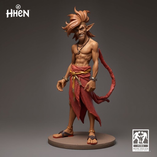 Create handsome hero Rhen the Fire-Singer – A lean, muscular man. He wears layered, flowing desert robes dyed in warm reds and golds, with scorch marks where flames have licked them. A curved blade hangs at his hip. Show her whole body head to toe including her shoes.