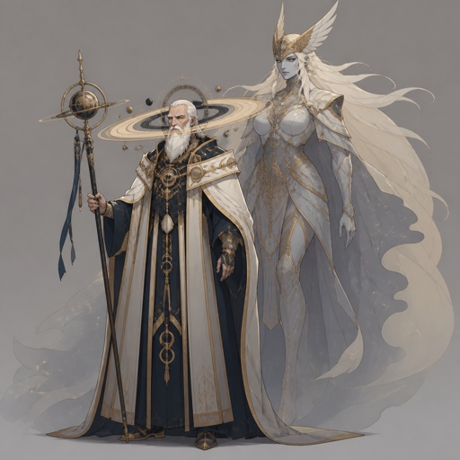 time lord with saturn rings white beard, large female spirit valkyrie companion